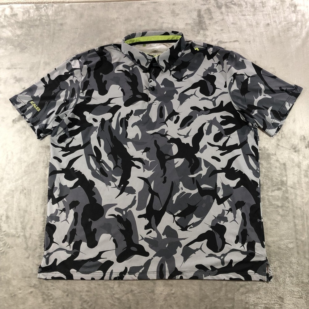 Scales Polo Shirt Mens XL Gray Camo Pelagic Fish Print Lightweight Fishing